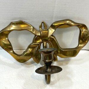 VTG 70's Solid Brass Ribbon Bow Hanging Single Candle Holder Wall Sconce